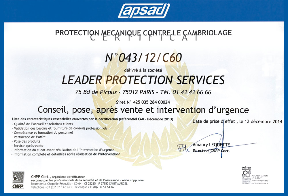 Certification Apsad A2P services